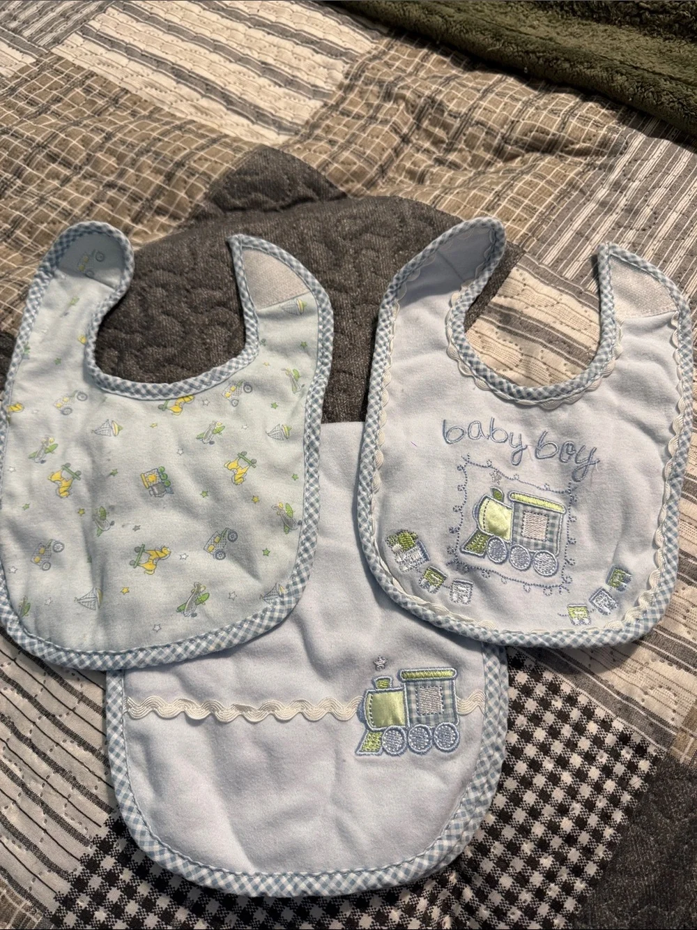 Baby Boy Light Blue Train Bib Trio with Sweet Motifs